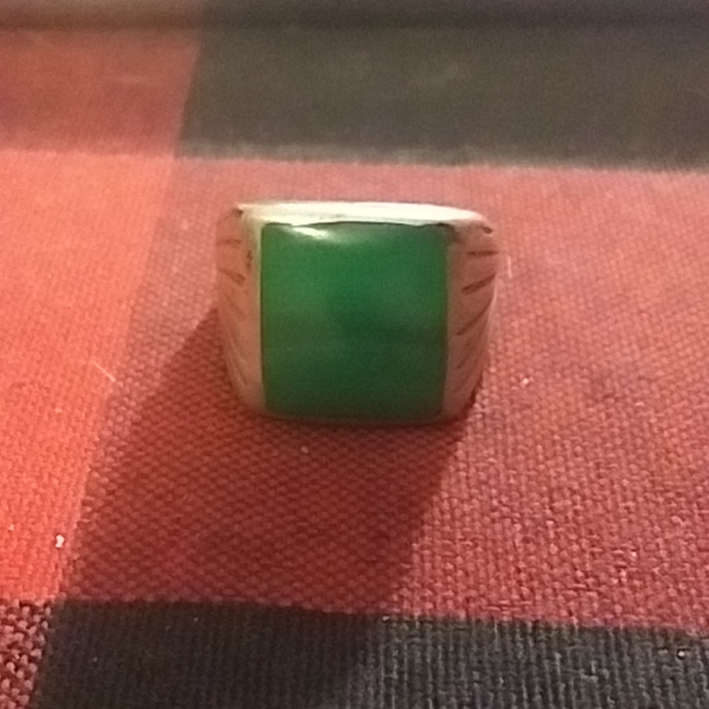 Large Solid Sterling Silver Men's Ring Green Stone - image 1